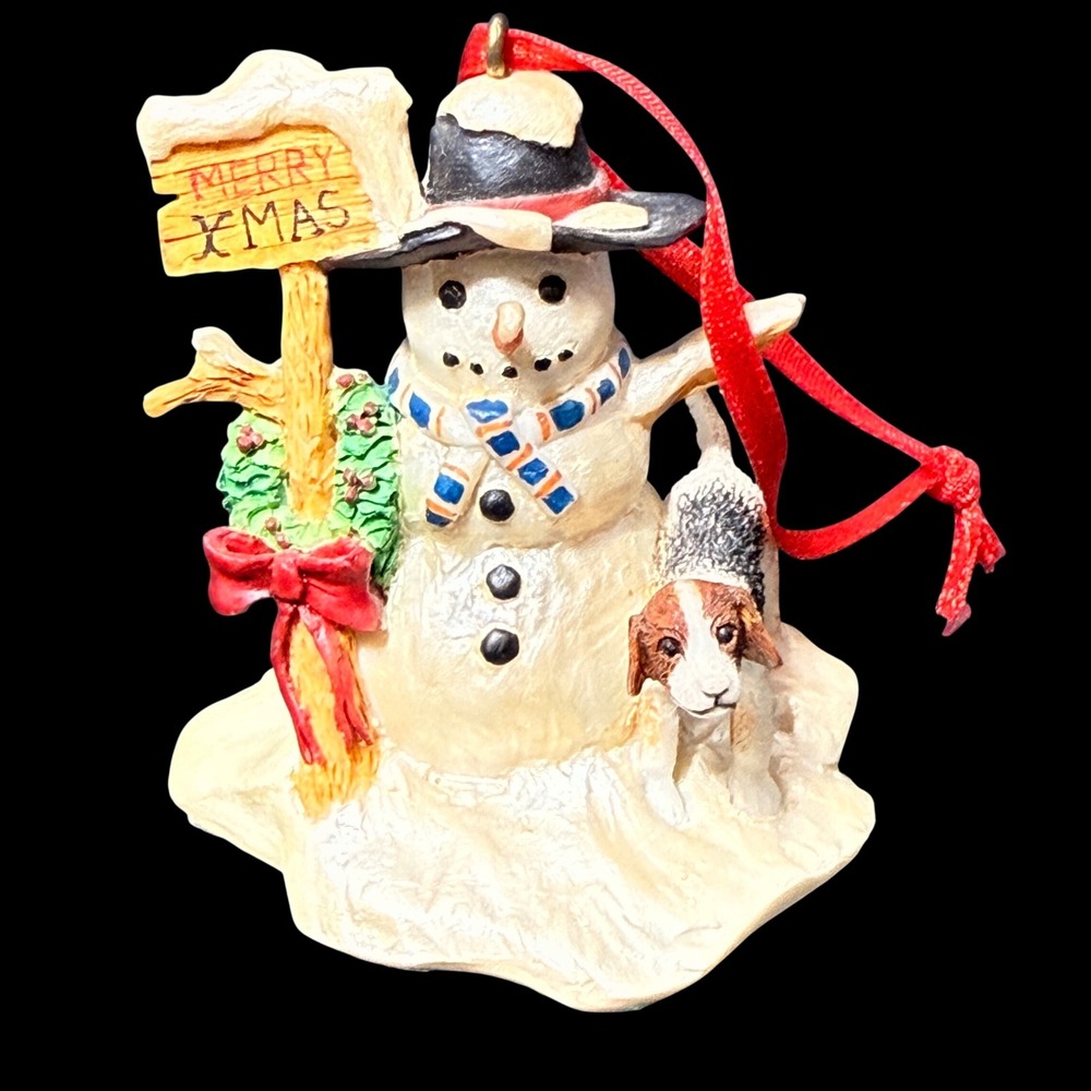 Vintage 1994 Cast Art Snowman Beagle Dog Merry Xmas Resin Christmas Ornament 3in